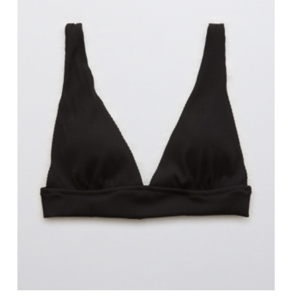NWT Aerie Ribbed Tie Longline Triangle Bikini Top in Black Size Large